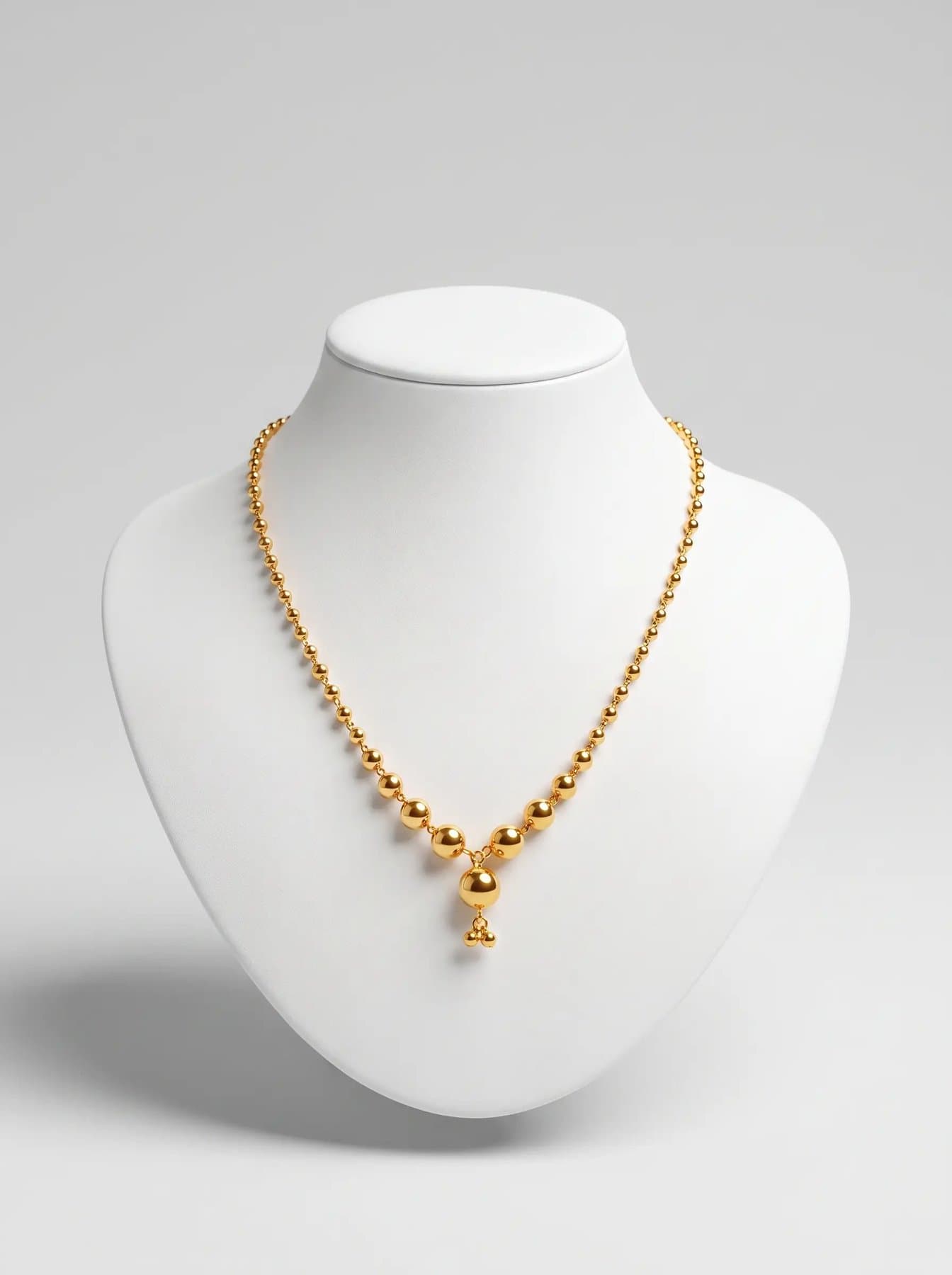 Graduated gold bead chain finishing in a single bell drop, on a white display bust
